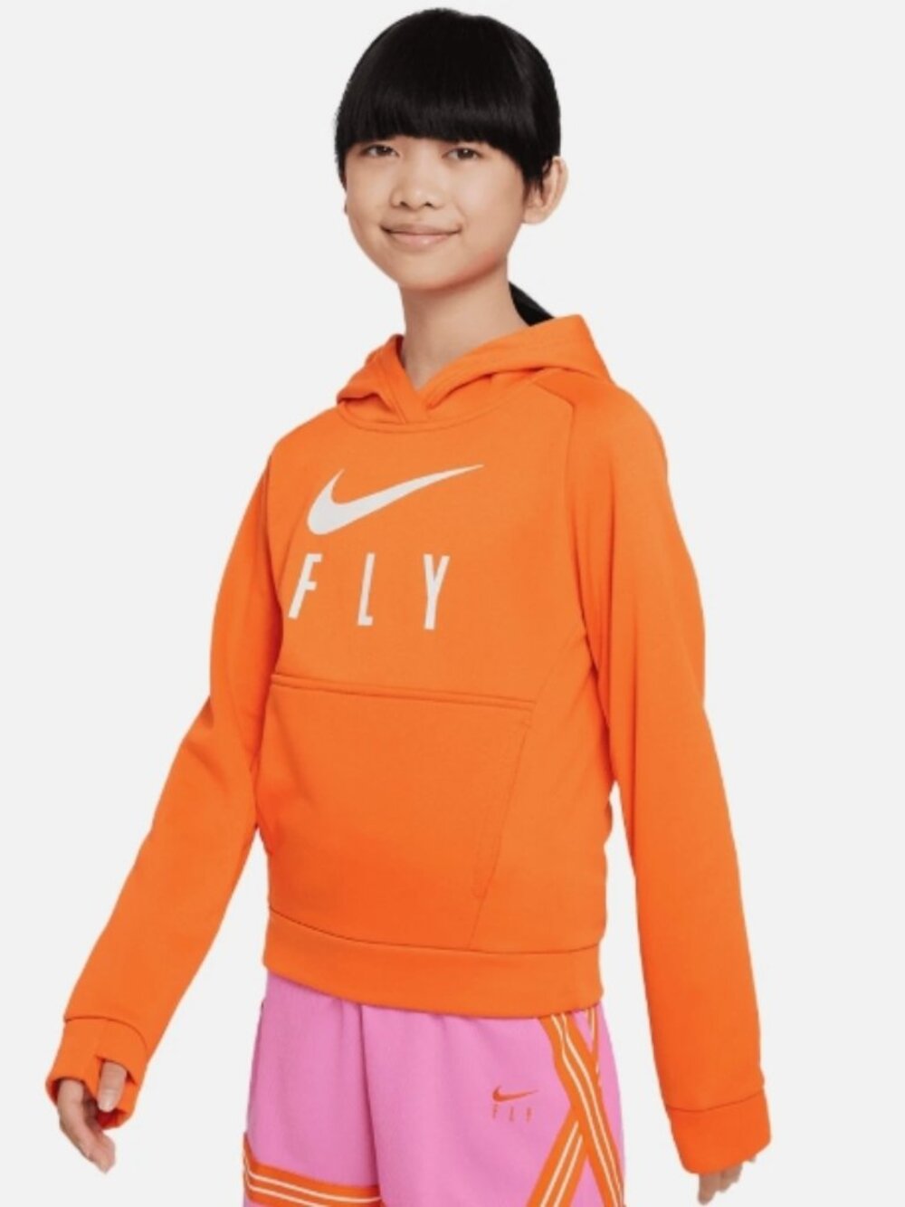 Nike FLY Big Kids' Girls Crop Basketball Pullover Hoodie (Orange/White) Size XS